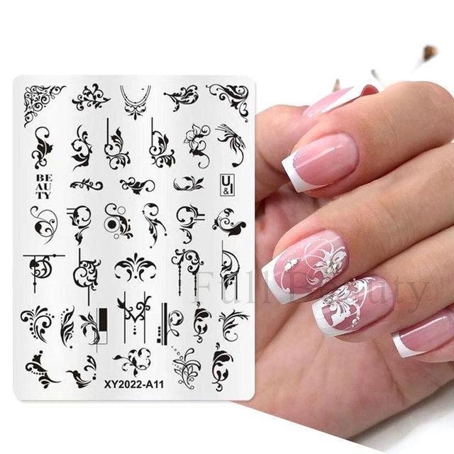 Штампы для дизайна ногтей во французском стиле, трафареты из нержавеющей стали с листьями и цветами, инструменты для штамповки изображений для ногтей