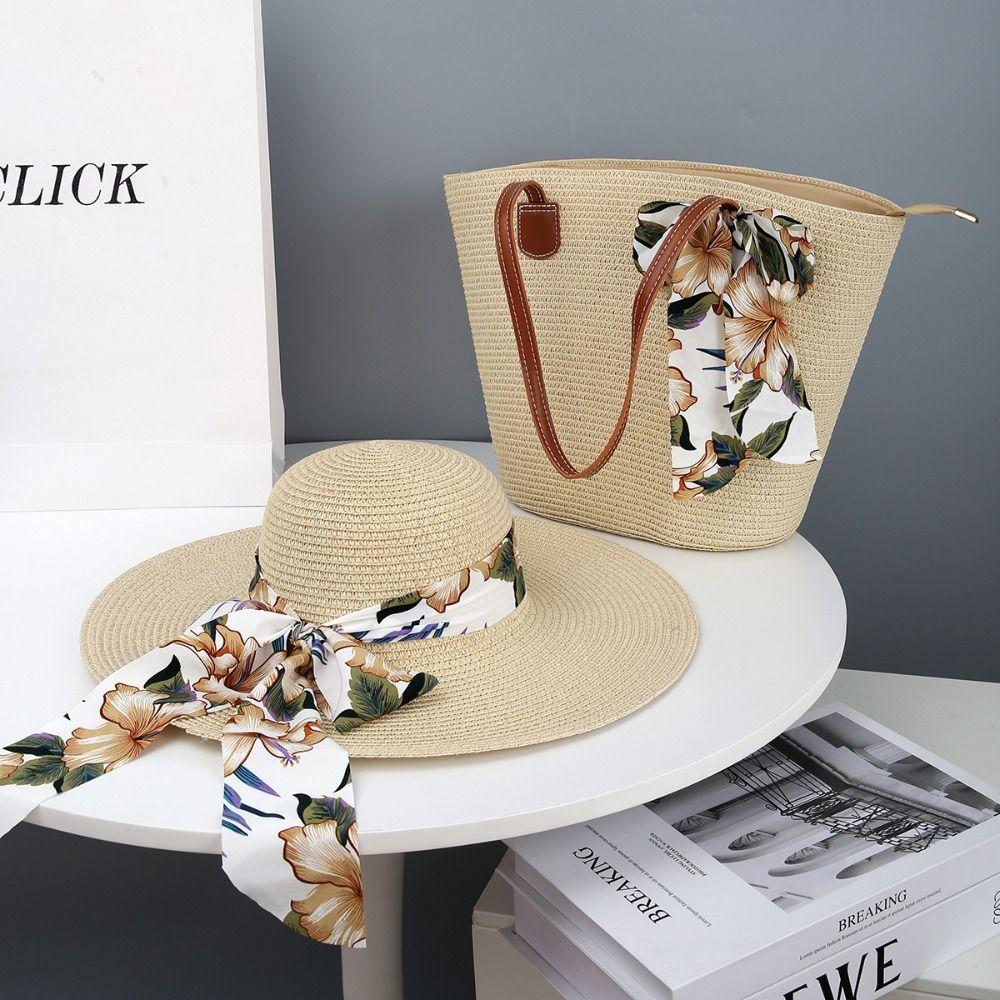 Sun Protection Straw Beach Hat Large Capacity Tote Bag Portable Beach Bag  Travel Outdoors