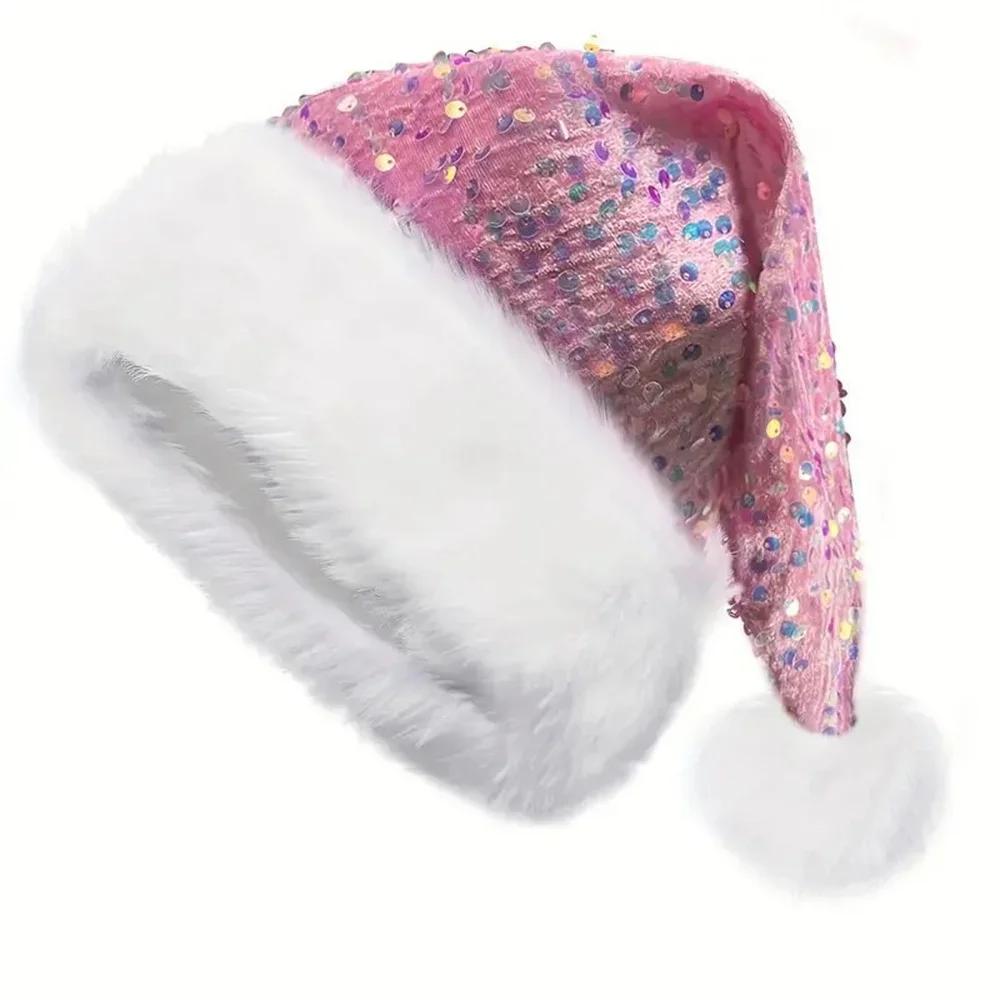 Double-Layer Sequin Christmas Hat Plush Santa Claus Hat With Long Fluffy Pompom Adults And Kids Christmas Party Decoration