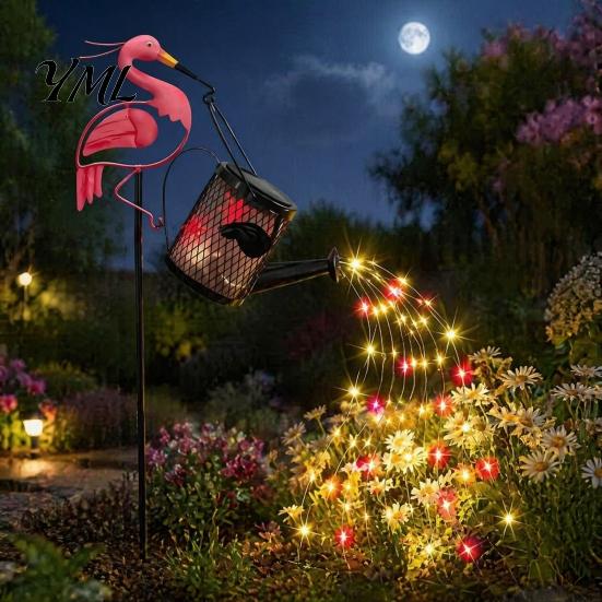 Decorative Flowing Water Effect Lamps Flamingo Garden Statue with Solar Watering Can Lights, Iron Decor for Terrace Path Outdoor Lawn Ornament