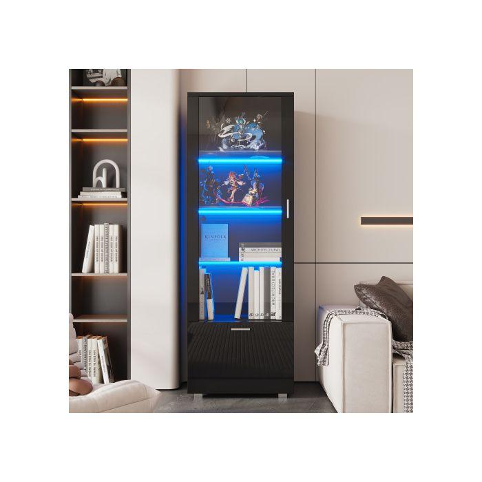 Vitrine noire brillante avec porte en verre, vitrine en verre éclairée par LED, (3 étagères)