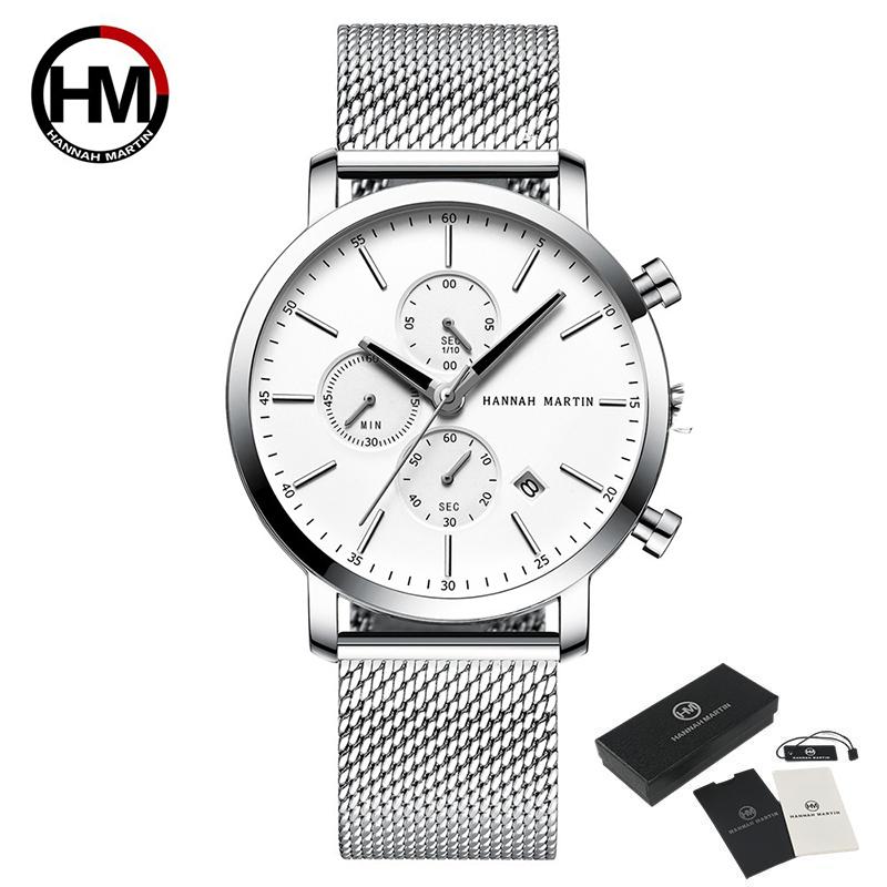 Hannah Martin Men Quartz Watches Top Brand Fashion Multifunction Small Dial Mesh Business Waterproof Wrist Watches