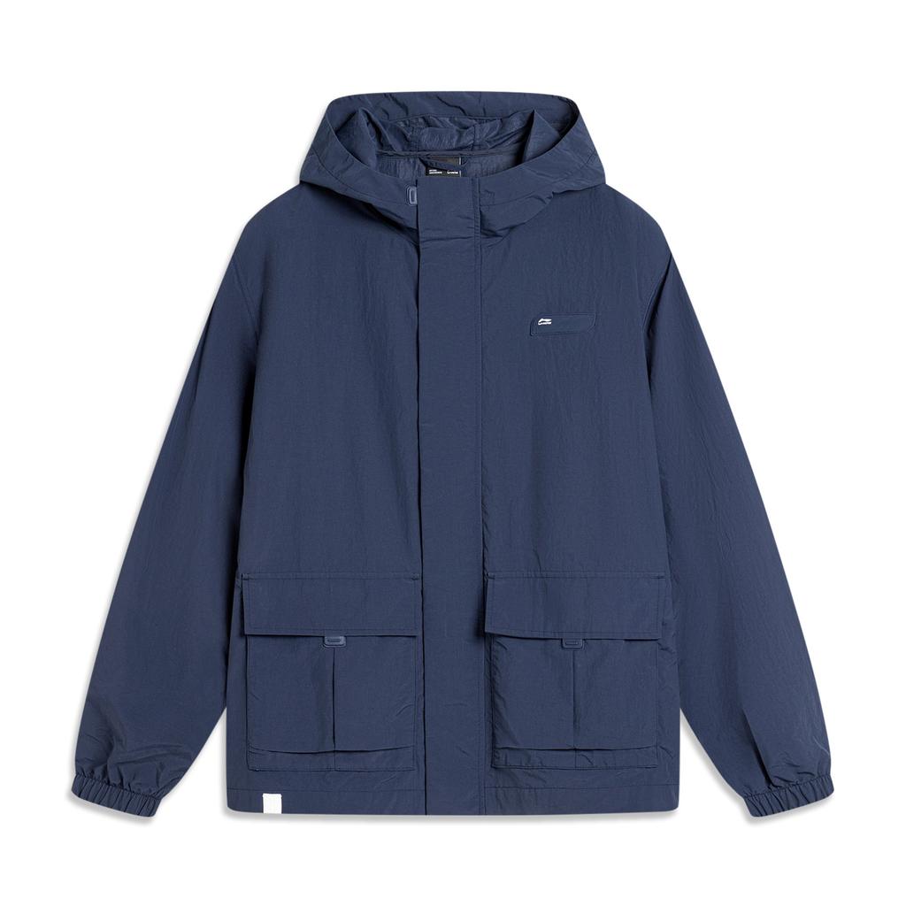 Li-Ning Водонепроницаемая свободная удобная ветровка на молнии с капюшоном мужская верхняя одежда темно-синего цвета AFDU537-5