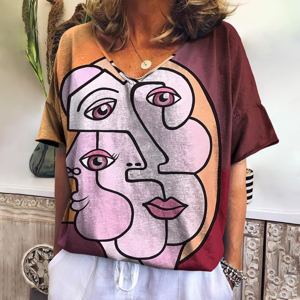 New T Shirt For Women Abstract V-neck Short Sleeve Tee Casual Oil Painting Female Clothing Fashion Street Retro Women's T-shirt