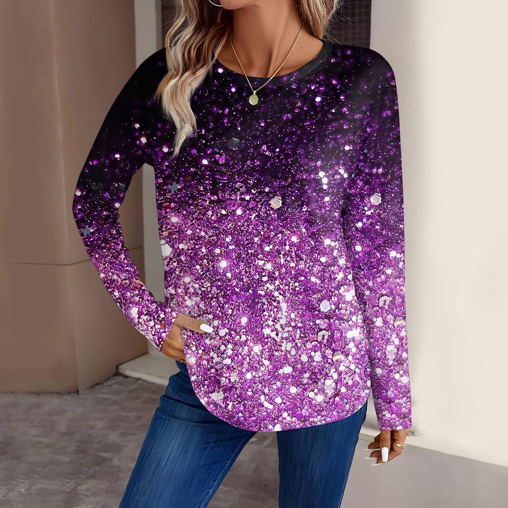 Женская мода повседневный топ с длинным рукавом с цветочным принтом и круглым вырезом