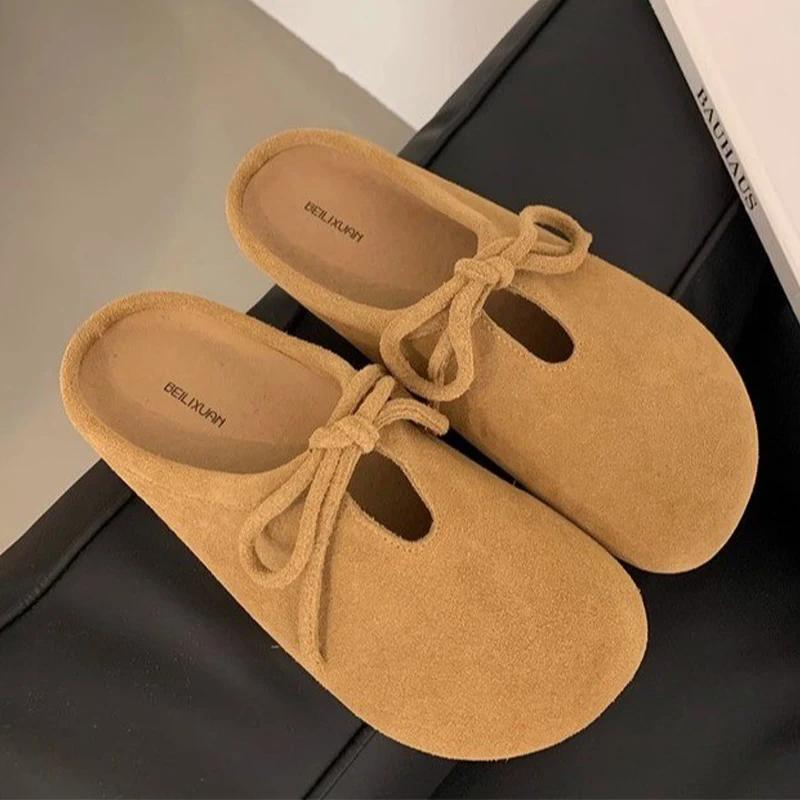 Модные женские туфли с бантом на плоской подошве Мюли Туфли Тапочки Осенняя мода Повседневная обувь Женская 2024 Трендовая обувь для ходьбы Сандалии Уютное платье Mujer Zapatos