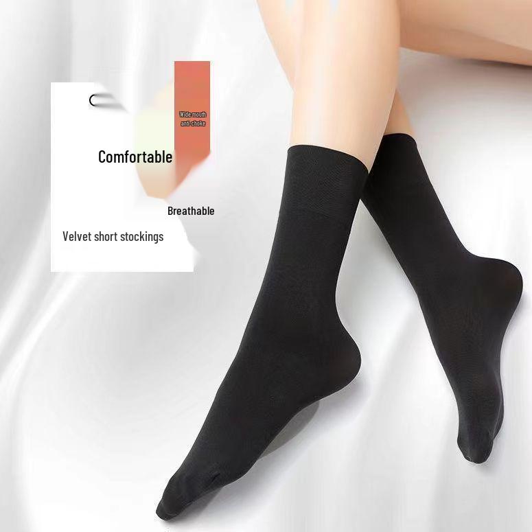 Women's Mid-Calf Velvet Winter Socks - Anti-Snag Steel Wire, Loose Top, Black & Nude, Warm & Cozy