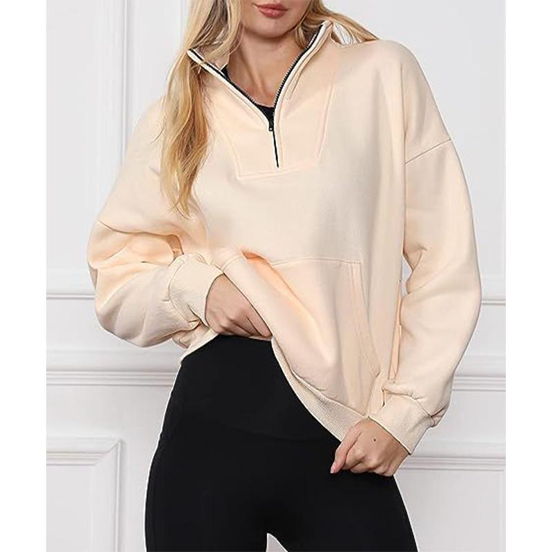 Women's Sweatshirt Stand Collar Solid Color Fashion Pocket Zipper Tops Casual Loose Fleece Ribbed Pullover