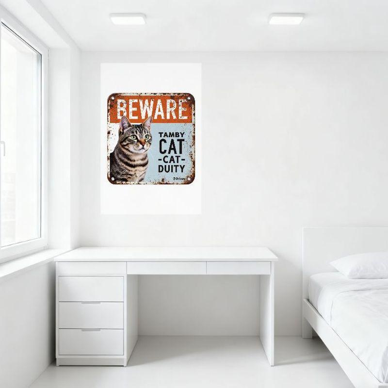 Vintage Rusty Square Metal Sign Beware Gray Tabby Cat Tamby Cat Cat Duty Sign for Man Cave Home Decor Aged Retro Metal Plaque wi