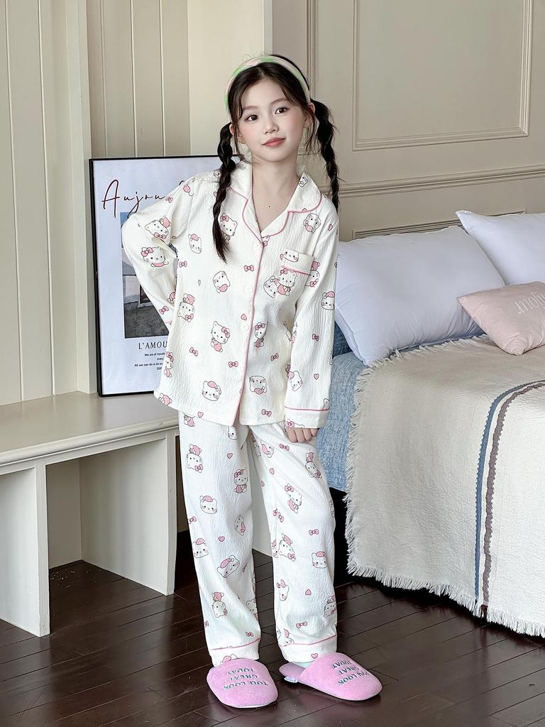 Girls' 2025 Autumn Cotton Pajama Set: Long Sleeve Homewear for Little & Big Girls