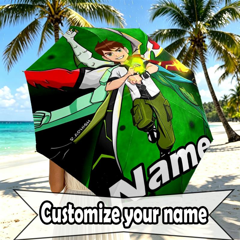 Custom Name Personalized Ben 10 Cartoon Print Umbrella, Auto Open Close, 8‑Rib Sturdy Frame, Commute Camping Hiking Use, Birthday Gift