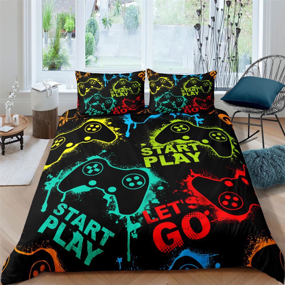 Gamer Duvet Cover Set 3D Print Boys Playroom Black Button With Controller King Queen Size For Boys Teens Polyester Bedding Set