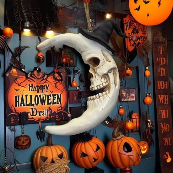 Подвеска-полумесяц с черепом, Хэллоуинская лунная подвеска, готическая смоляная лунная подвеска в шляпе волшебника для украшения стены, двери, крыльца