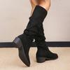Lucyever Leopard Print Pleated Long Boots Women Slip On Thick Heels Knee High Boots Woman Plus Size Pointed Toe Botas Mujer 43