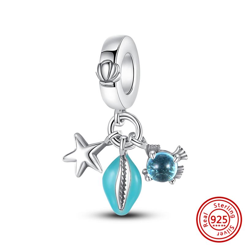 Новинка S925, серебристо-синяя подвеска, висячие морские животные, морская звезда, русалка, рыбья ракушка, подходит для оригинального браслета, бусины, подарок, ювелирные изделия своими руками