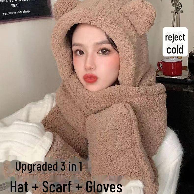 Милый зимний комплект из шапки и шарфа с медведем, маской и наушниками - ветрозащитный и плюшевый