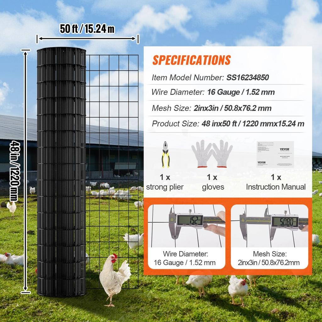 Hardware Cloth, 48'' x 50' Galvanized Wire Mesh Roll, 16 Gauge Chicken Wire Fence Roll, Vinyl Coating Metal Wire Mesh for Chicken Coop Barrier, Rabbit