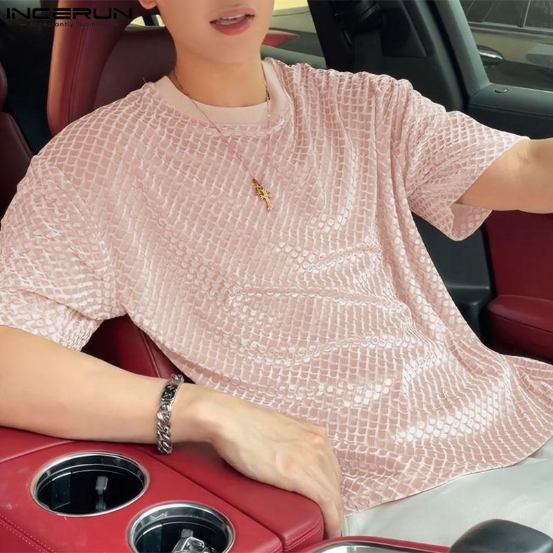 INCERUN Мужские летние футболки с коротким рукавом и текстурой, повседневные топы с круглым вырезом