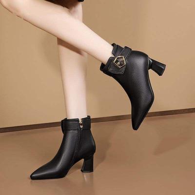 Женские короткие ботинки на толстом каблуке с острым носком, новые модные ботинки на высоком каблуке, бархатные темпераментные женские ботинки, осень-зима