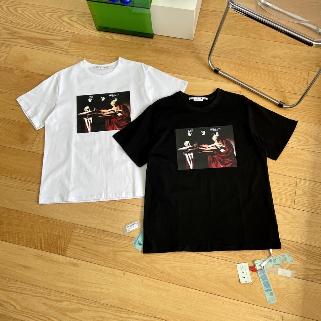 Off-White Лето 2025 года, новинка, классическая религиозная картина маслом Караваджо с принтом стрелы, классическая футболка с короткими рукавами для мужчин и женщин