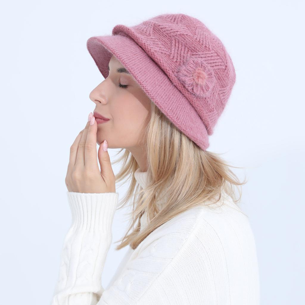 New Women's Knitted Bucket Hat Autumn and Winter Flowers Fashion Plus Velvet Thick Warm Hat