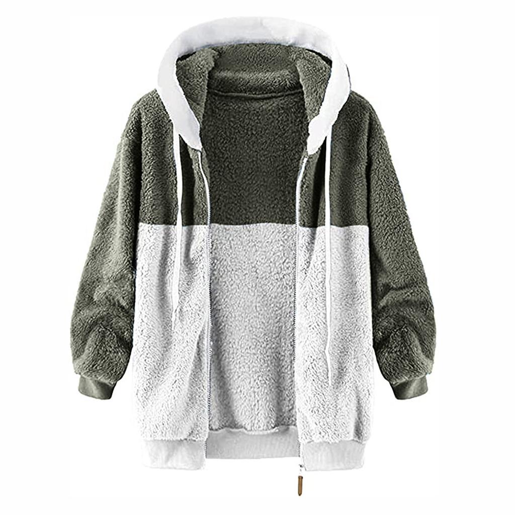 Women's Fashion Plush Zipper Long Sleeve Stitching Warm Sweater Tops Coat Winter