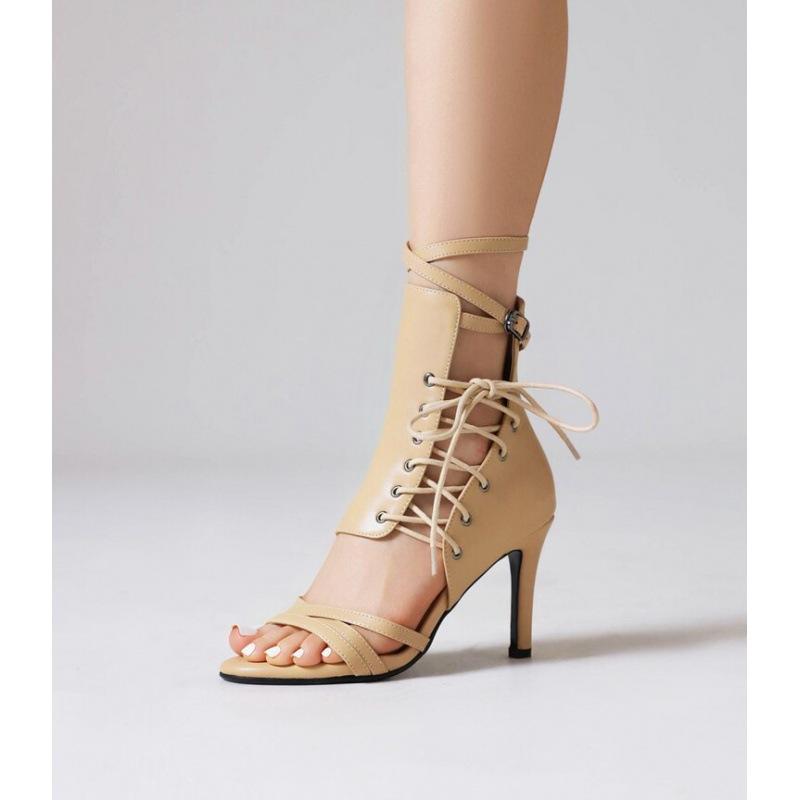 Весенне-летние новые женские босоножки на высоком каблуке, милая резиновая подошва, большой размер, черные женские туфли, шнуровка, открытый носок, римские высокие каблуки