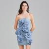 Summer Women 3D Rose Flower Sexy Strapless Open Back Slim Bodycon Mini Short Denim Evening Party Pencil Dresses