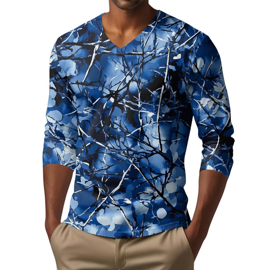 Мужская футболка с V-образным вырезом, повседневная, модная, с принтом, с длинным рукавом