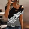Women Flower Pattern Print Cold Shoulder Short Sleeve T Shirt Irregular Cutout Neck Casual Summer Blouse Top