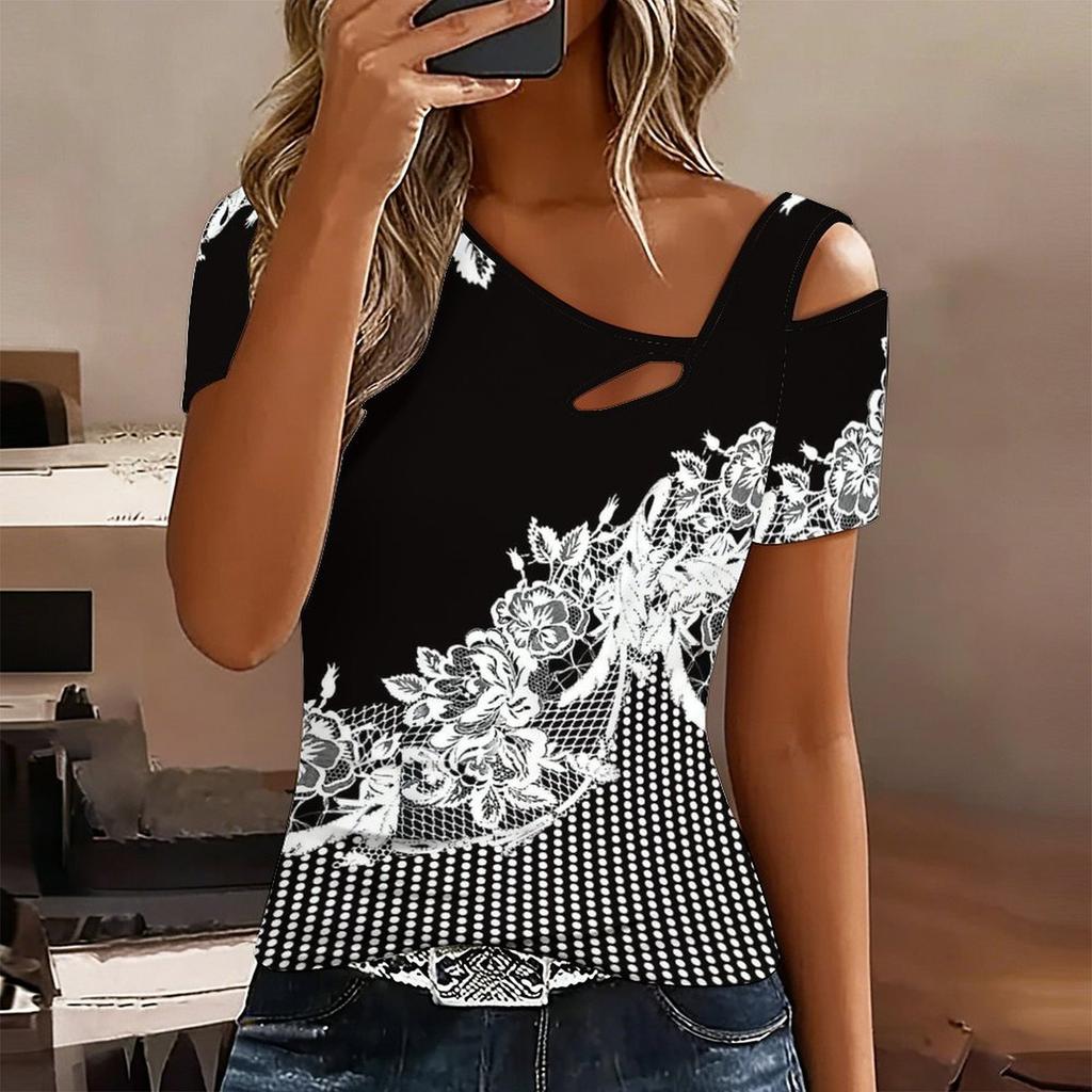 Women Flower Pattern Print Cold Shoulder Short Sleeve T Shirt Irregular Cutout Neck Casual Summer Blouse Top