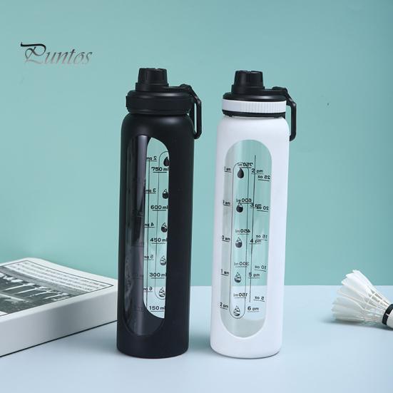 Стеклянная бутылка для воды с силиконовым чехлом и маркером времени 1000 мл, герметичная боросиликатная чашка для воды для спорта, фитнеса, офиса, горячих и холодных напитков без BPA, подарок