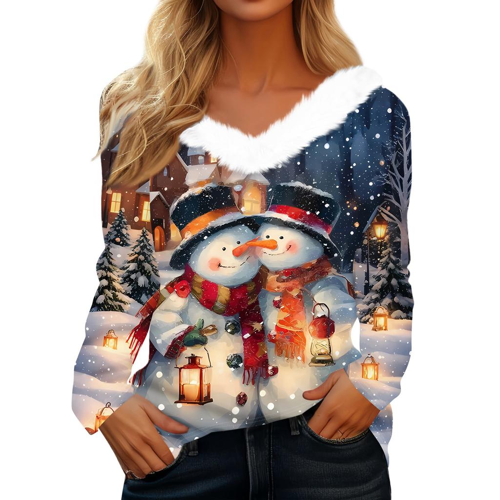 Женская футболка с рождественским принтом, вечерние рубашки с длинным рукавом, рождественский флисовый воротник, топ с v-образным вырезом
