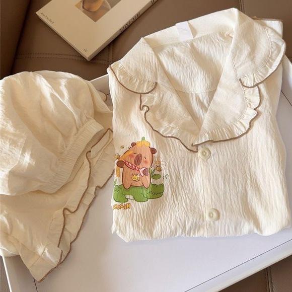 Japanese cartoon cute lace pajamas women's new short-sleeved shorts summer loungewear suit outside