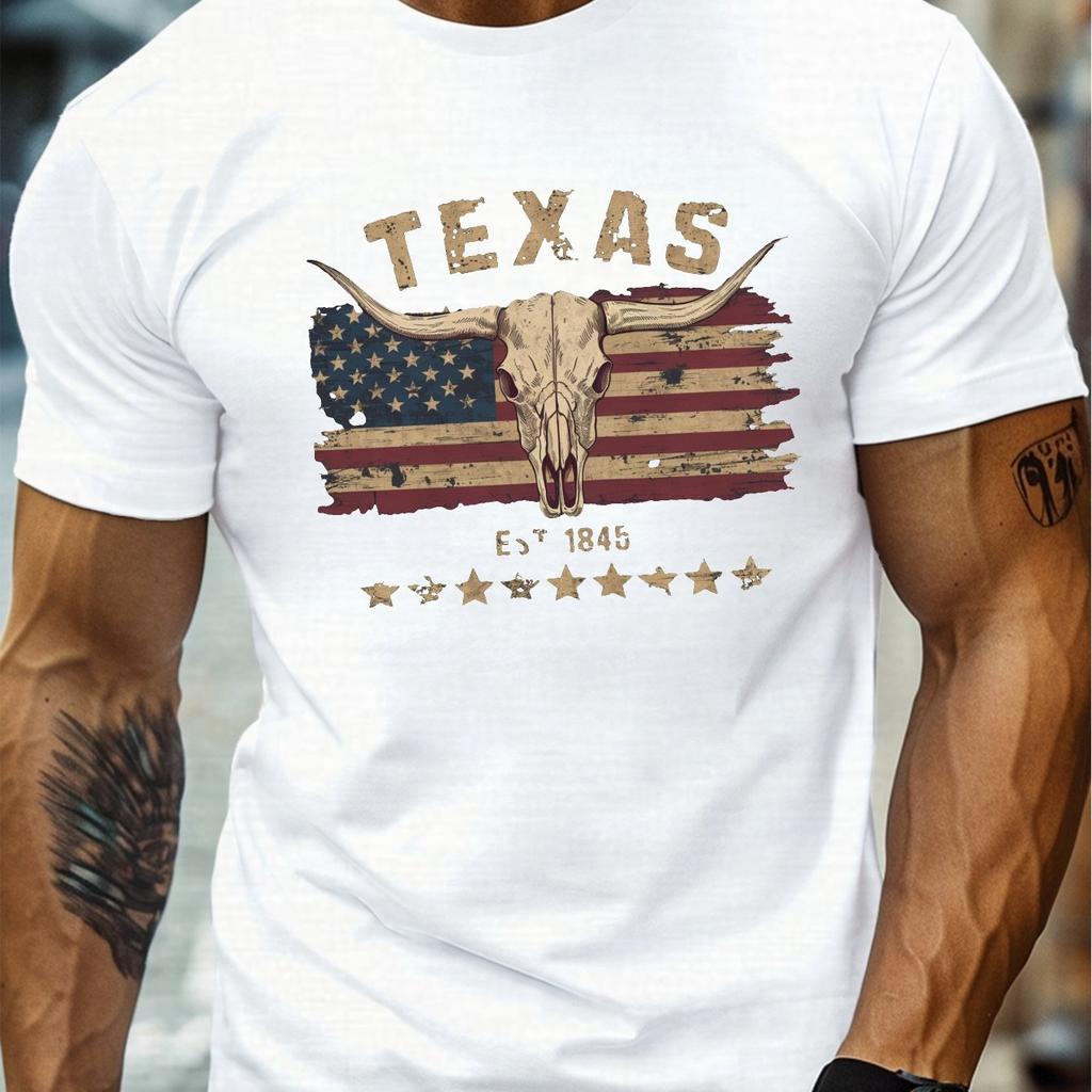 Men's Summer 100 Pure Cotton Fashionable Casual Loose Texas Longhorn Cow Skull Pattern Printed Round Neck Short Sleeved T-shirt