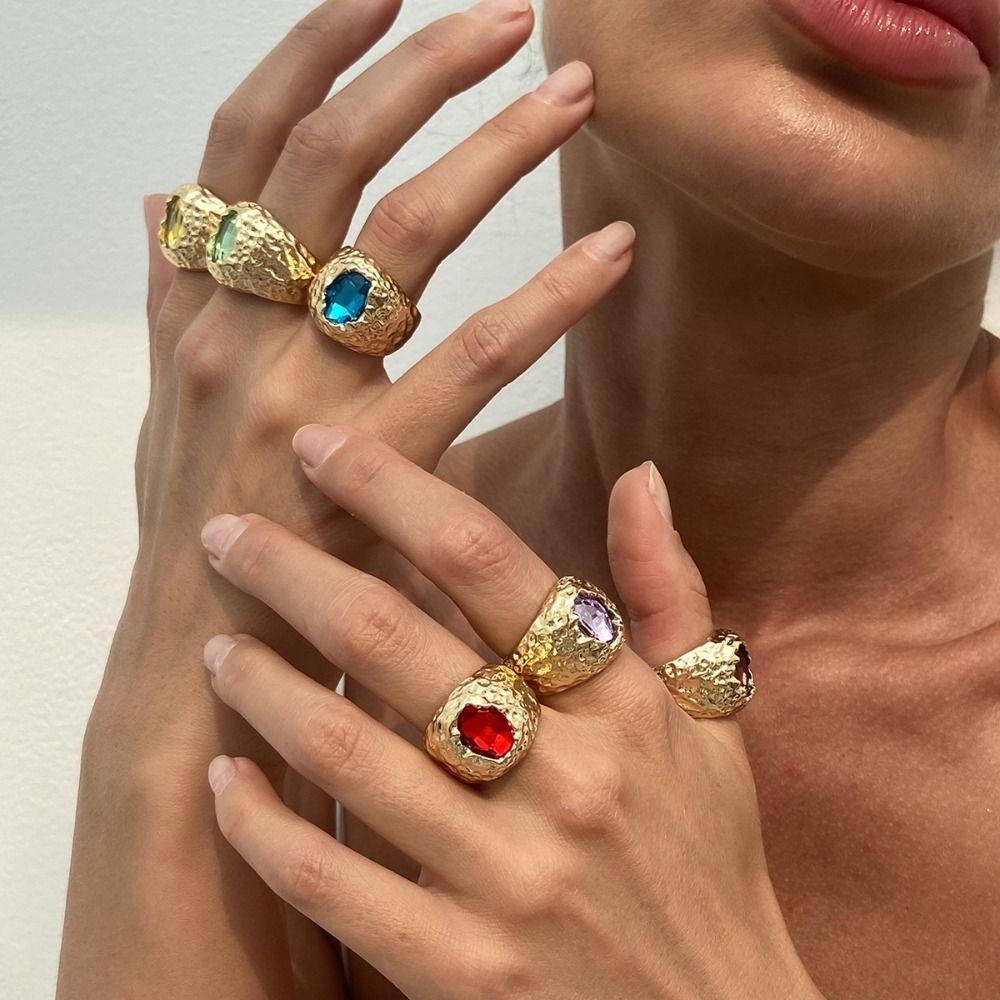 Exaggerate Colored Crystal Rings Gold Metal Open Ring Adjustable Rhinestone Rings Daily