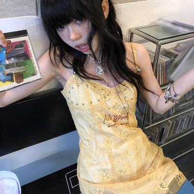 Y2k Эстетическое кружевное платье Fairycore Мини-платье на тонких бретельках Винтажные японские короткие платья 2000-х годов Вечерние платья в стиле Лолиты