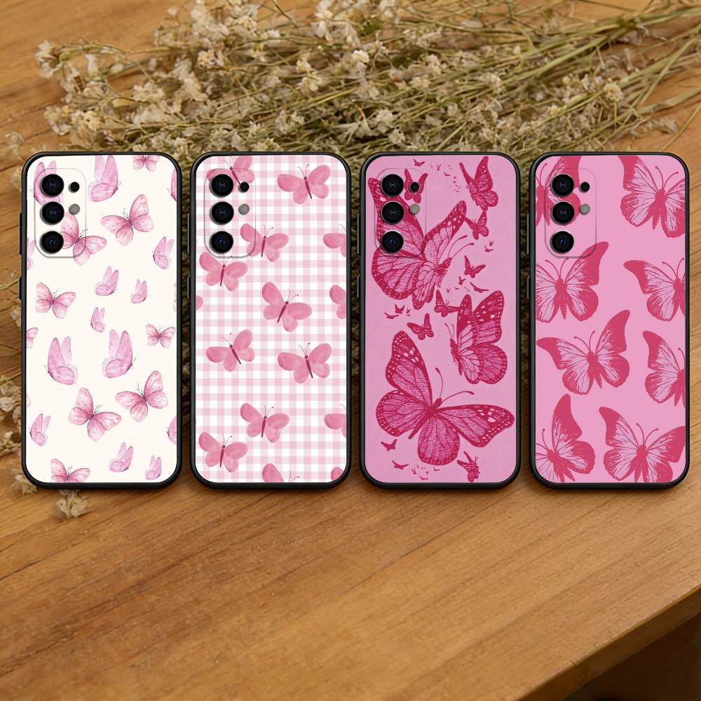 Pink Butterfly Pattern Phone Case Black Silicone Soft For Samsung S25,S24,S21,S22,S23,S30,Ultra,S20,Plus,Fe,Lite