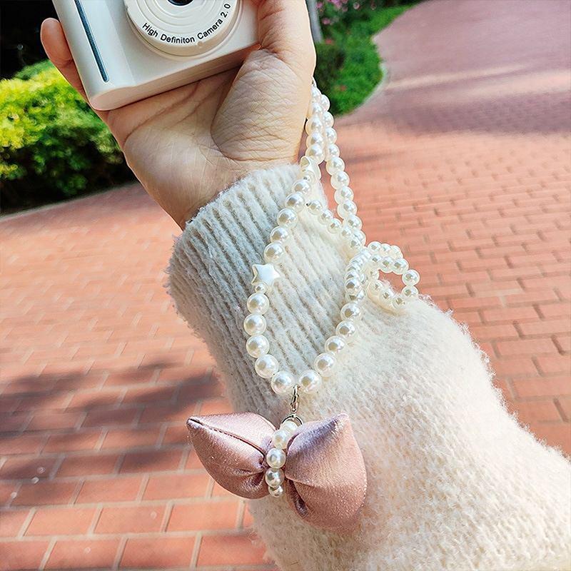 Pink Bow Beads Lanyard Anti-Lost Bracelet For Mobile Phone Case Wrist Strap Lanyard Cute Phone Keychain Portable Rope Chain