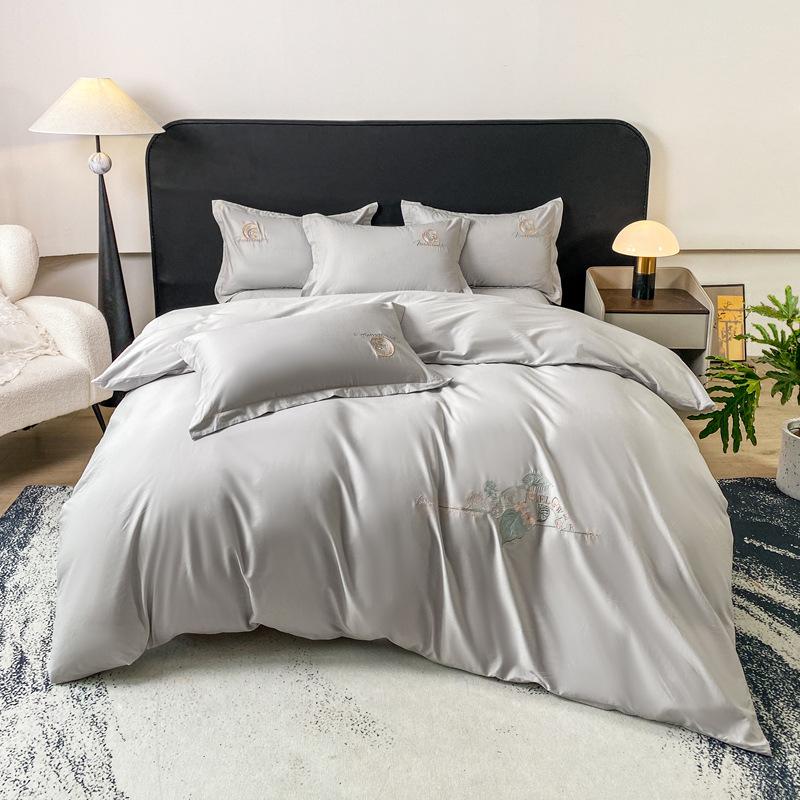 Легкая роскошь Высококлассный Класс А Чистый хлопок Комплект из четырех предметов для кровати Вышивка Приятный для кожи Дышащий Удобный Простыня Пододеяльник Наволочка