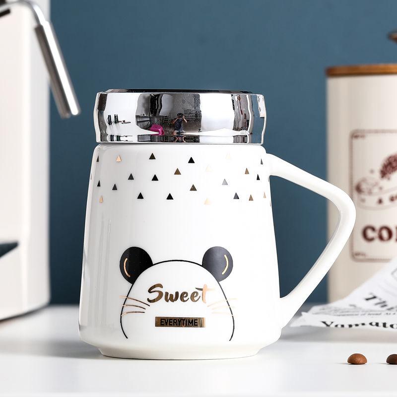 Симпатичная кружка с рисунком из мультфильма, зеркальная крышка, керамическая чашка для воды, кофейная чашка, чашка для молока, кружка, чашка послеобеденного чая