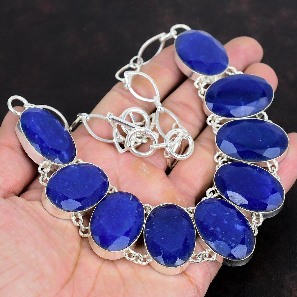 Ожерелье из граненого синего сапфира, ожерелье из настоящего драгоценного камня, ювелирное изделие ручной работы, ожерелье из стерлингового серебра 925 пробы, регулируемая цепочка, свадебные подарки