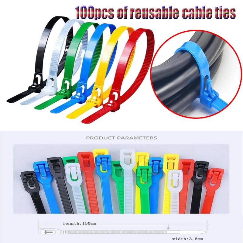 100PC/pack Nylon Detachable Cable Ties Colored Plastics Reusable Cable Ties Nylon Loop Wrap Zip Ttype Cable Tie Wire Bandage Tie