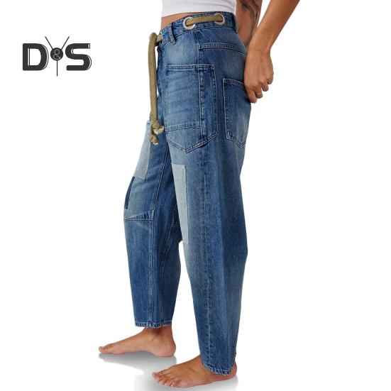 Women's Wide Leg Barrel Jeans Low Rise Drawstring Denim Ankle Pants Elastic Waist Stretchy Baggy Boyfriend Trouser