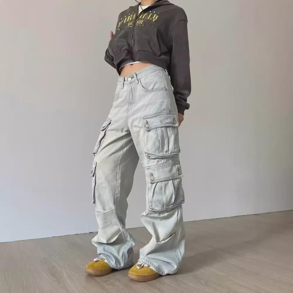Women's Autumn Retro Straight-Leg Multi-Pocket Washed Jeans In Street-Style Casual Fit