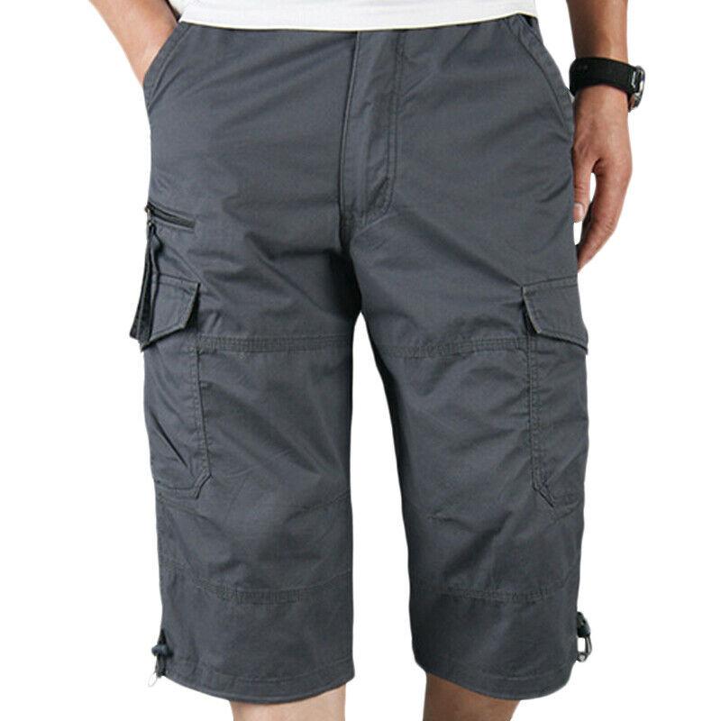 Men Casual Beach Holiday Three Quarter Length Pants Side Pockets Cargo Style Sports Short Trousers