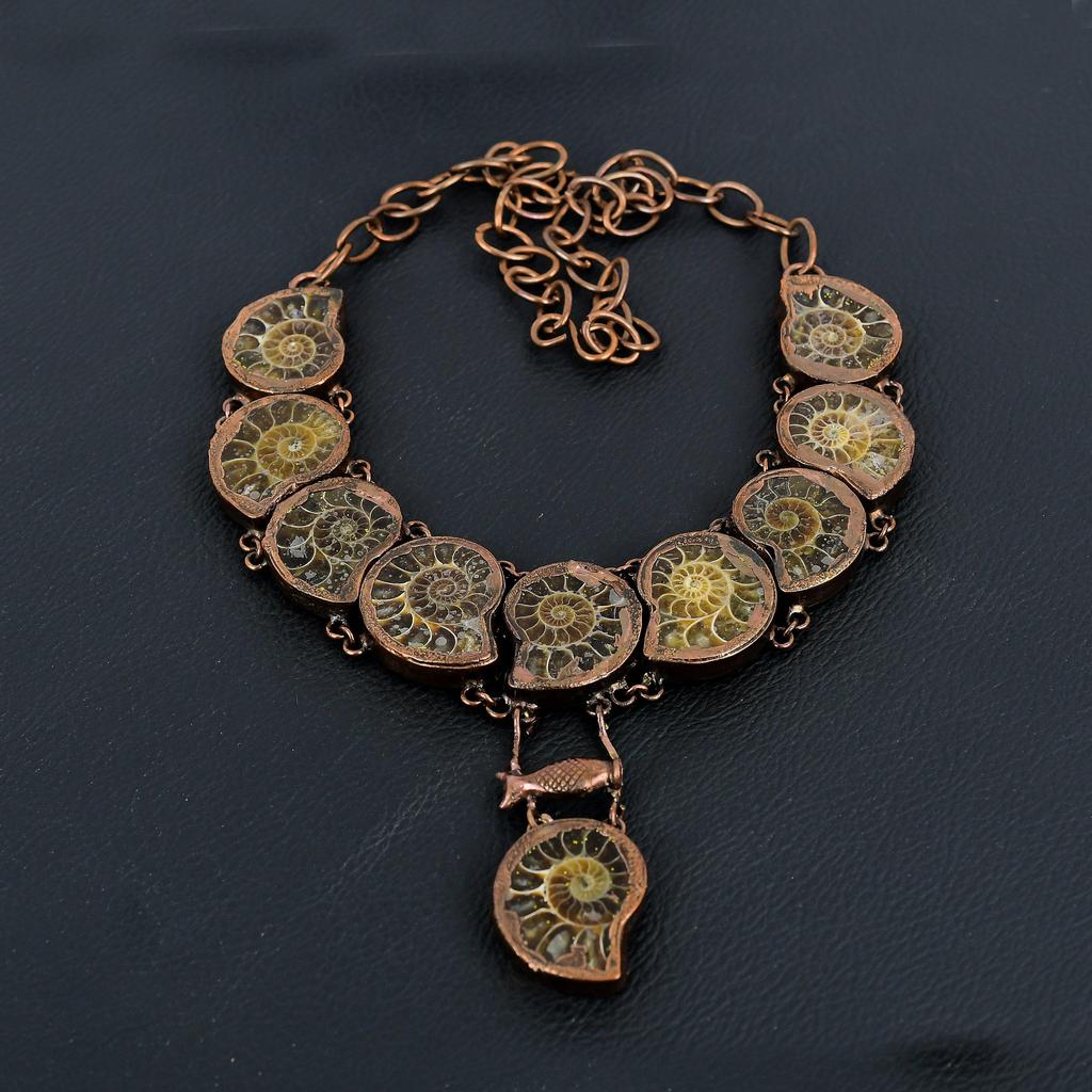 Ammonite Fossil Copper Electroformed Necklace with Adjustable Chain, Handmade Gemstone Jewelry Necklace For Memorial Day