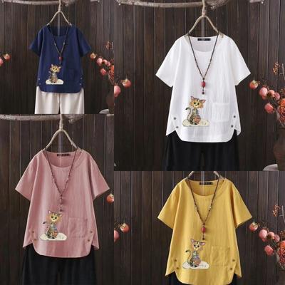 Женская мода с принтом рыжего кота, летняя повседневная свободная футболка с коротким рукавом, летняя блузка, топы