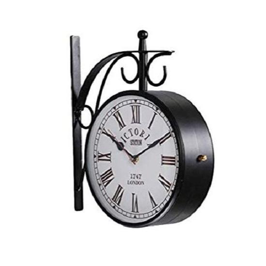 Винтажный продукт, антикварные металлические двусторонние аналоговые настенные часы с железнодорожным вокзалом (Черный, 8 дюймов)
