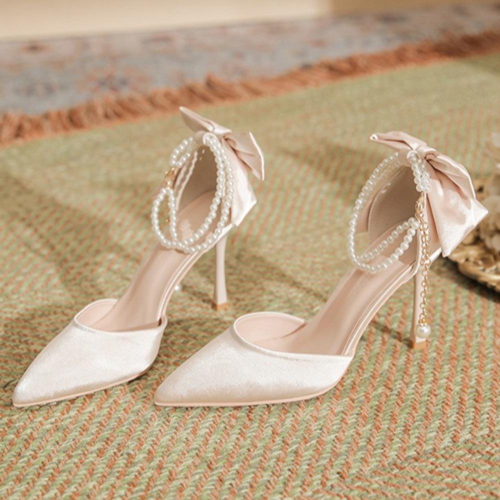 Женские туфли на высоком каблуке, новые, с острым носком, на тонком каблуке, из шелкового сатина, с полым каблуком, с бантом, на высоком каблуке, женские, универсальные, для通勤, одинарные туфли для женщин